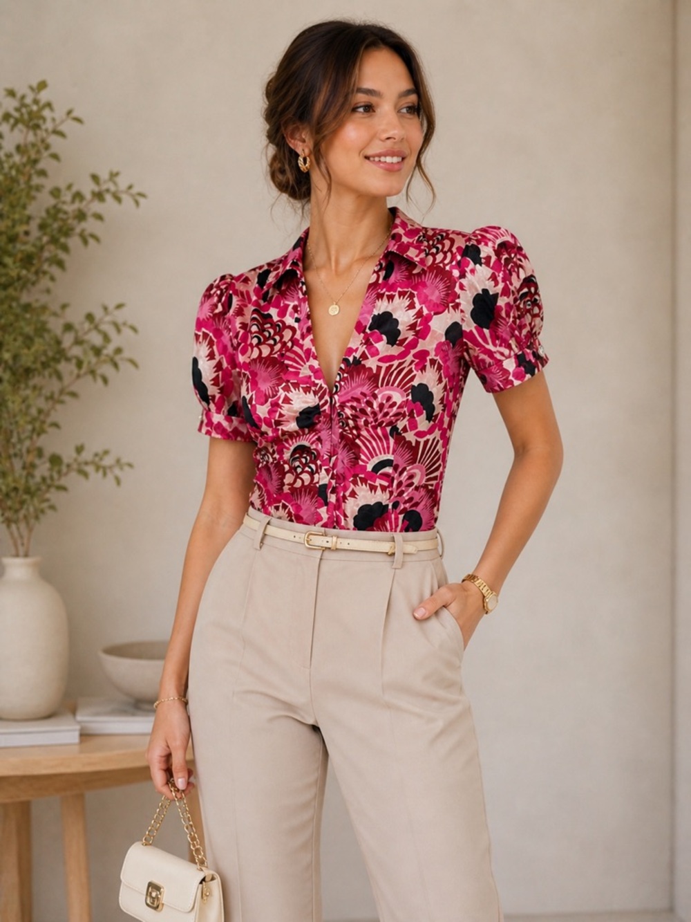 Guess by Marciano Pink, Black & Cream Satin Print Button-Up Shirt‎ size S